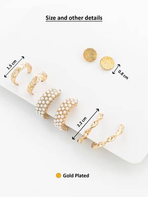 gold plated pearl huggie and textured hoop set 3