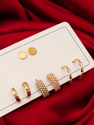 gold plated pearl huggie and textured hoop set 5