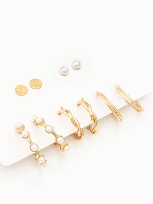gold plated textured hoop and pearl stud set 2