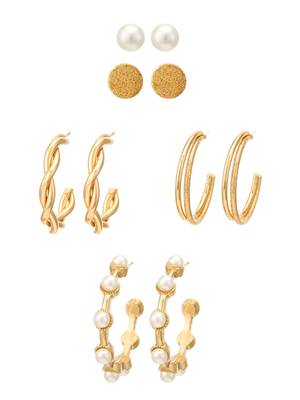gold plated textured hoop and pearl stud set 3