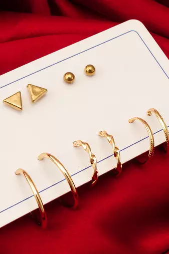 gold plated geometric stud and hoop earring set