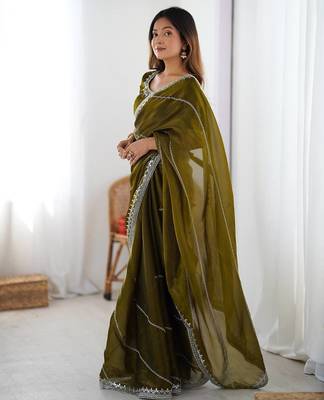 mehendi green silk blend sequin embroidered saree with blouse 2