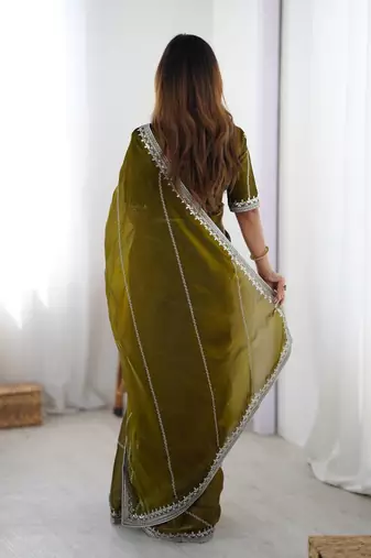mehendi green silk blend sequin embroidered saree with blouse