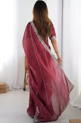 maroon silk blend sequin embroidered saree with blouse