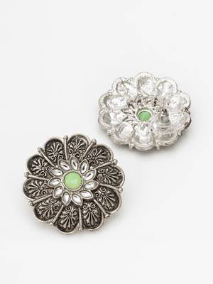 oxidized floral motif stud earrings with green stone 2