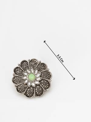 oxidized floral motif stud earrings with green stone 3