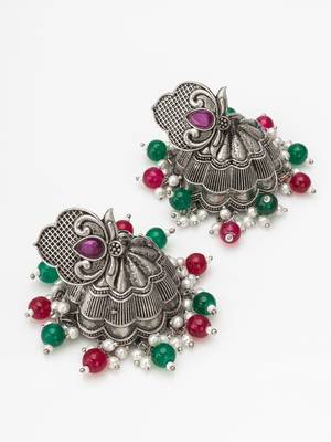 oxidized multicolor beaded statement jhumka earrings 1