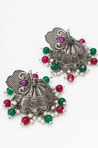 oxidized multicolor beaded statement jhumka earrings