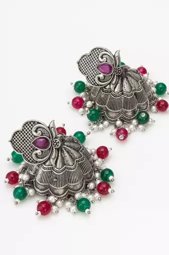 oxidized multicolor beaded statement jhumka earrings