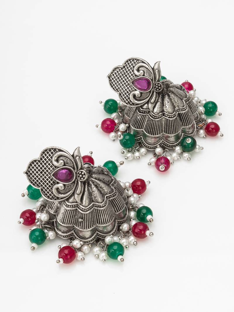 oxidized multicolor beaded statement jhumka earrings
