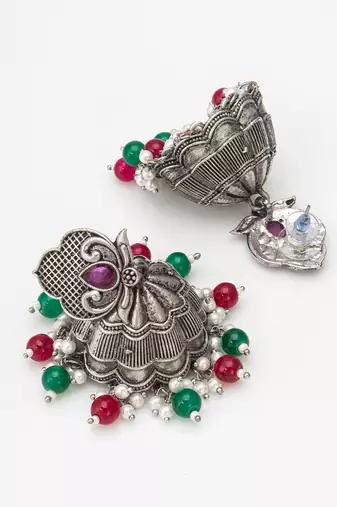 oxidized multicolor beaded statement jhumka earrings