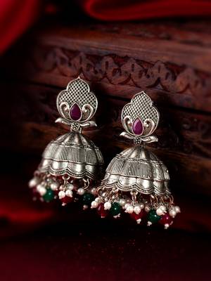 oxidized multicolor beaded statement jhumka earrings 4