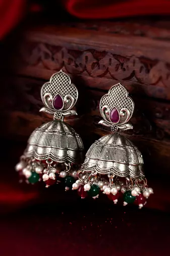 oxidized multicolor beaded statement jhumka earrings