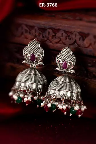 oxidized multicolor beaded statement jhumka earrings