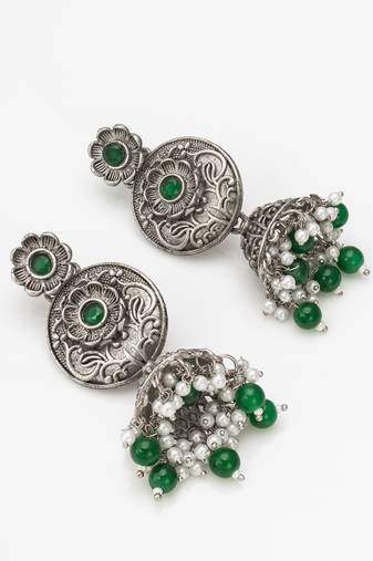 oxidized green beaded traditional jhumka earrings