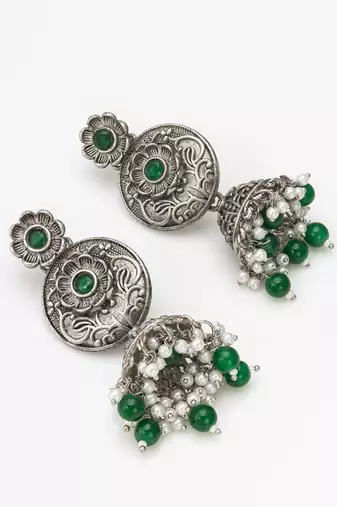 oxidized green beaded traditional jhumka earrings