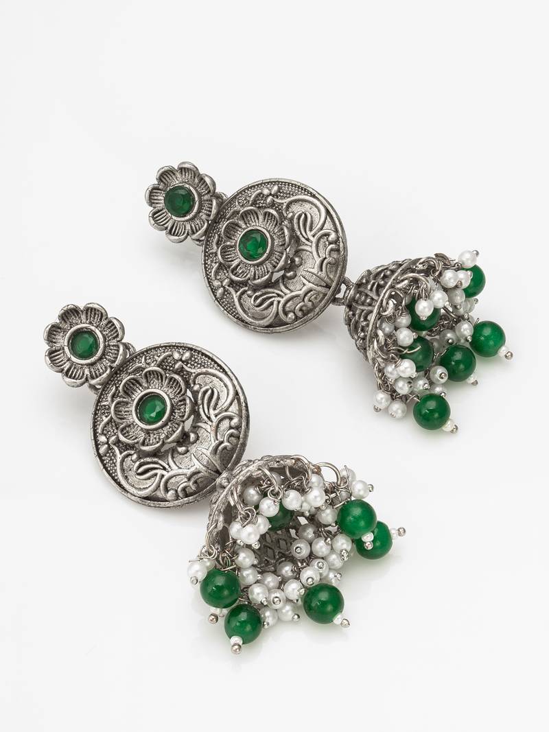 oxidized green beaded traditional jhumka earrings