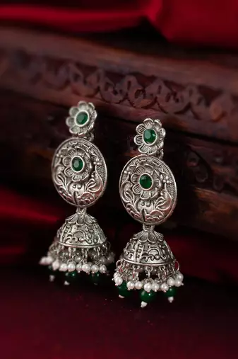 oxidized green beaded traditional jhumka earrings