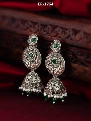 oxidized green beaded traditional jhumka earrings 5