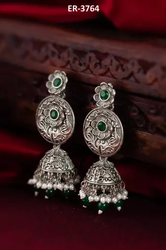 oxidized green beaded traditional jhumka earrings