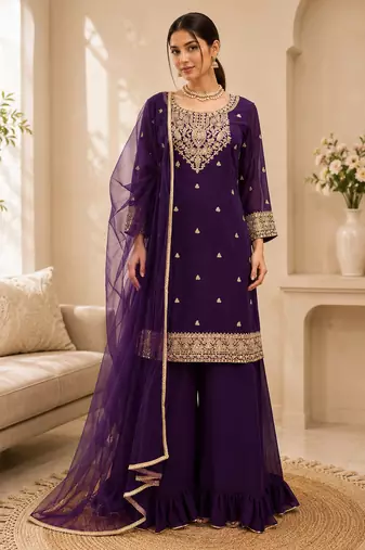 Purple foux georgette sequin work plazo suit set