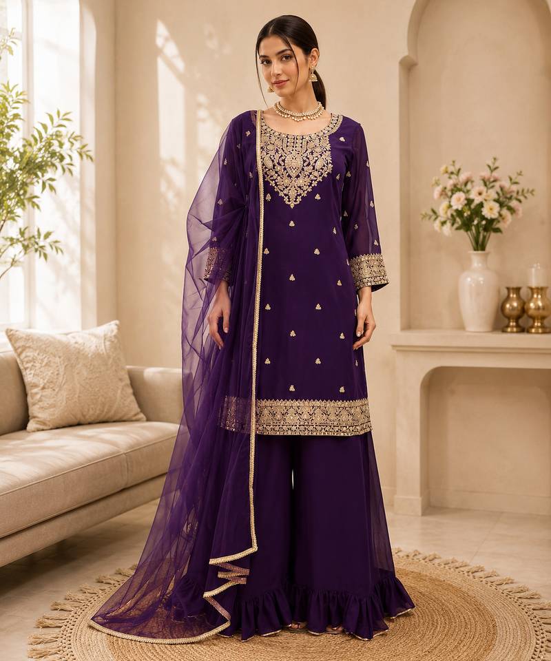 Purple foux georgette sequence work plazo suit set