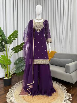 Purple foux georgette sequin work plazo suit set 2