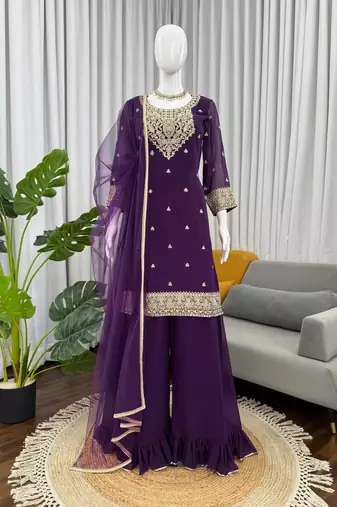Purple foux georgette sequin work plazo suit set