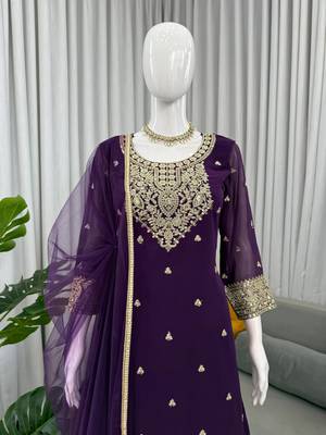 Purple foux georgette sequin work plazo suit set 3