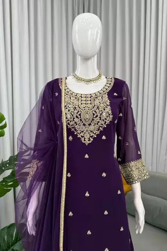 Purple foux georgette sequin work plazo suit set