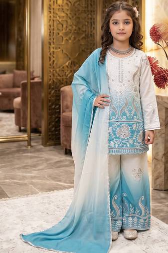 Designer party wear heavy natural crepe kids top plazzo & dupatta set