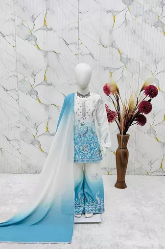 Designer party wear heavy natural crepe kids top plazzo & dupatta set