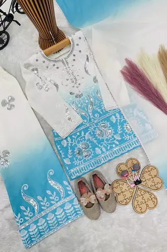 Designer party wear heavy natural crepe kids top plazzo & dupatta set