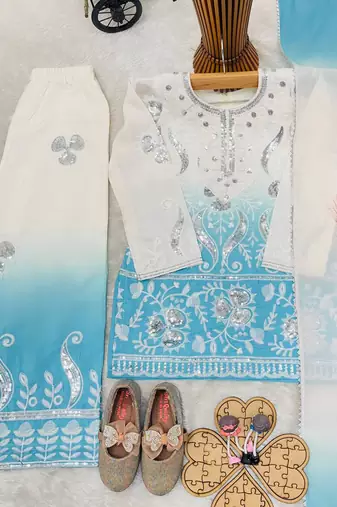 Designer party wear heavy natural crepe kids top plazzo & dupatta set