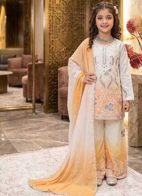 Designer party wear heavy natural crepe kids top plazzo & dupatta set 1