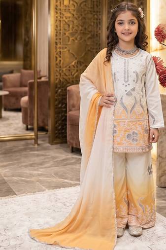 Designer party wear heavy natural crepe kids top plazzo & dupatta set