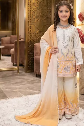 Designer party wear heavy natural crepe kids top plazzo & dupatta set