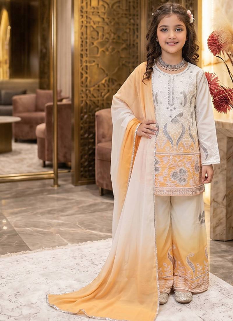 Designer party wear heavy natural crepe kids top plazzo & dupatta set