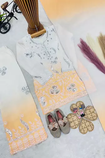 Designer party wear heavy natural crepe kids top plazzo & dupatta set