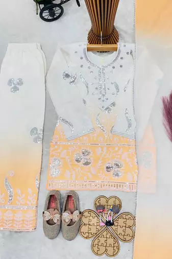 Designer party wear heavy natural crepe kids top plazzo & dupatta set