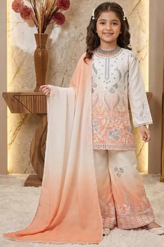 Designer party wear heavy natural crepe kids top plazzo & dupatta set