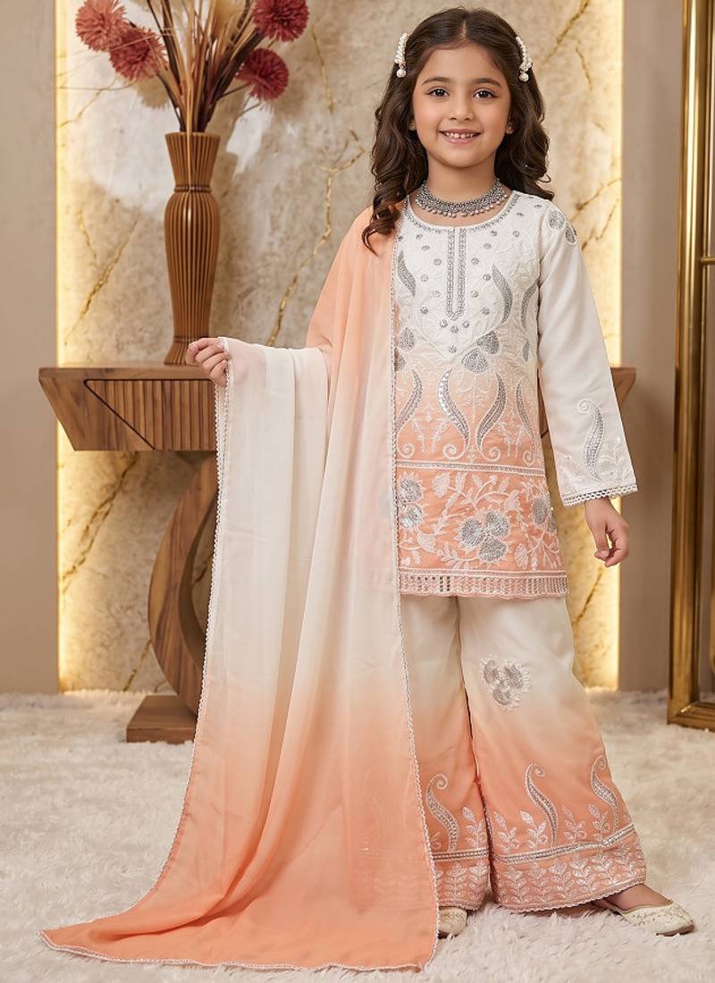 Designer party wear heavy natural crepe kids top plazzo & dupatta set