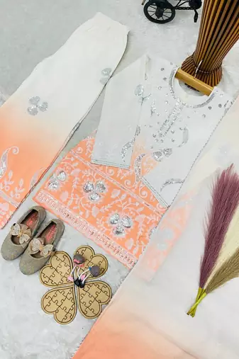 Designer party wear heavy natural crepe kids top plazzo & dupatta set