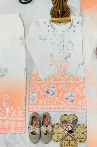 Designer party wear heavy natural crepe kids top plazzo & dupatta set