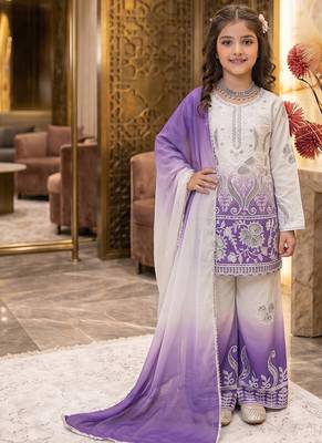 Designer party wear heavy natural crepe kids top plazzo & dupatta set 1