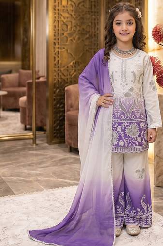 Designer party wear heavy natural crepe kids top plazzo & dupatta set