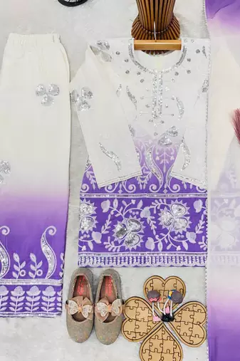 Designer party wear heavy natural crepe kids top plazzo & dupatta set