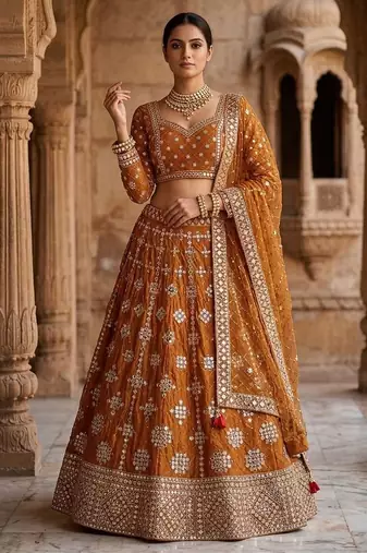 mustard faux georgette mirror work lehenga choli