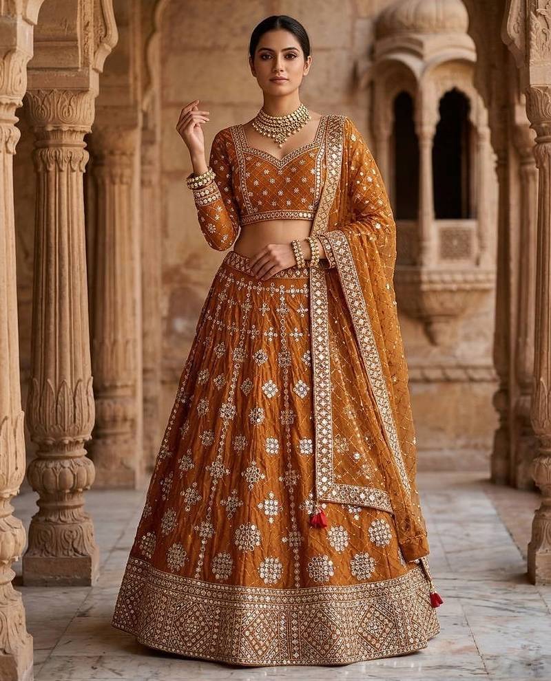 MUSTARD Faux Georgette Real Mirror Work Lehenga Choli
