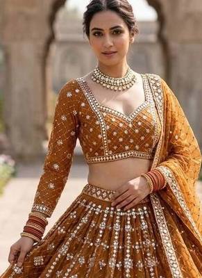 MUSTARD Faux Georgette Real Mirror Work Lehenga Choli 2